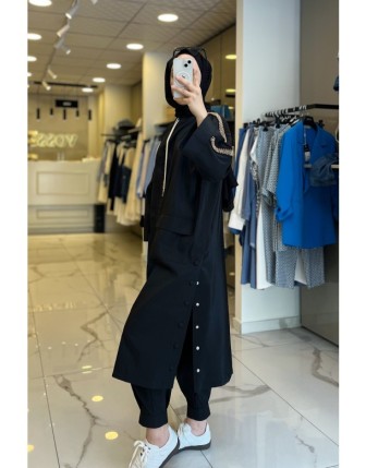 Maq Siyah Kolları Taş İşlemmeli Cep Detaylı,Kapüşonlu Beli Lastikli Takım