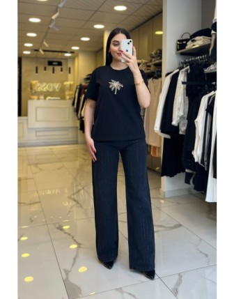 vosse Siyah Palmiye Taşlı Tişört