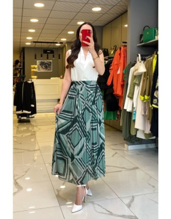 Ekol Mint Astarlı Pileli Tam Boy Etek