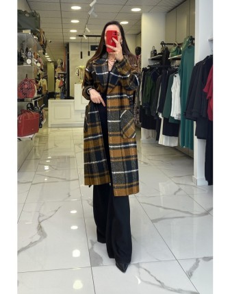 Ekol Camel Ekose Desenli Torba Cepli  Kuşaklı Kaban