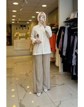 Tığ Triko Bej Nakış Detaylı Poplin Takım