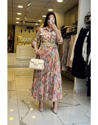 Serpil Yeşil Kemerli Pile Detaylı Desenli Elbise