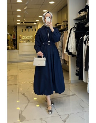 Vosse Lacivert Beli Büzgülü Fermuar Detaylı Balon Elbise