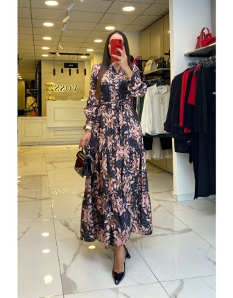 Ekol Siyah Düğmeli Kuşaklı Uzun Kollu Saten Elbise