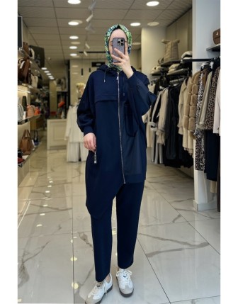 Tığ Triko Lacivert Kapüşonlu Asimetrik Ceket 