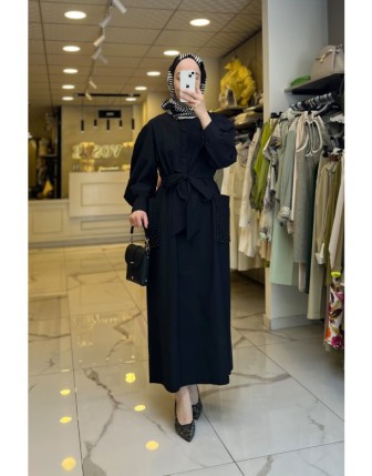 Si Design Siyah Cepleri Taşlı Elbise