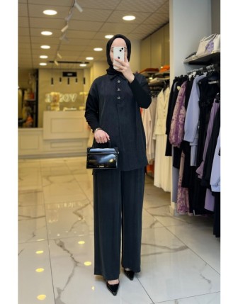 Tığ Triko Siyah Aksesuar Detaylı Kupra,Triko Tunik