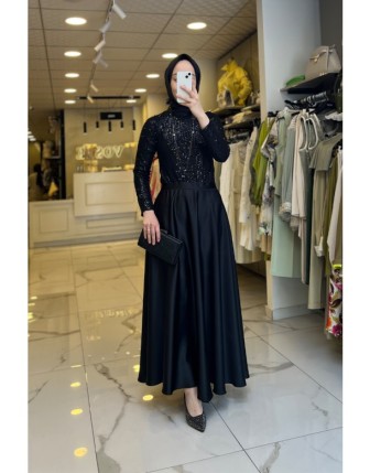 Vosse Siyah Payetli Saten Etekli Takım