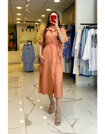 Ekol Somon Cep Detaylı Kuşaklı Yırtmaçlı Düğmeli Elbise