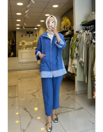 Tığ Triko Mavi Çizgili Poplin Takım