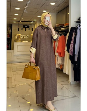 Tığ Triko Kahverengi Çizgi Detaylı Poplin Kot Elbise