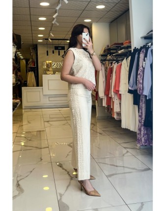 Sedna Bej Örgü Detaylı Keten Bluz