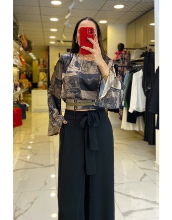 Miarte Haki Desenli Yarasa Kol Beli Kuşaklı Bluz