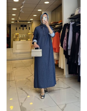 Tığ Triko İndigo Çizgi Detaylı Poplin Kot Elbise