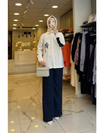 Tığ Triko Lacivert Nakış Detaylı Poplin Takım