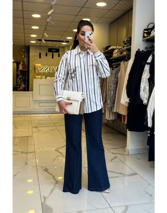 On Fashıon Lacivert Çizgili Gömlek