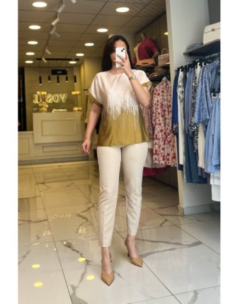 Ekol Safran Sıfır Yaka Desenli Bluz