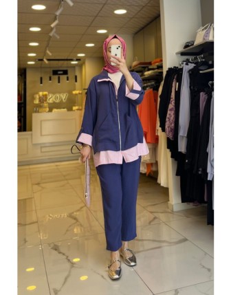 Tığ Triko Mor Çizgili Poplin Takım