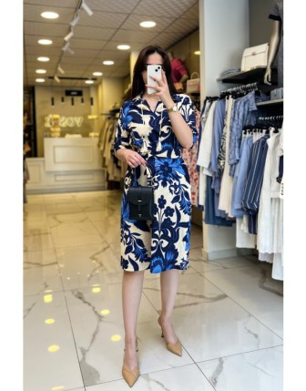 Sedna Mavi Desenli Keten Elbise