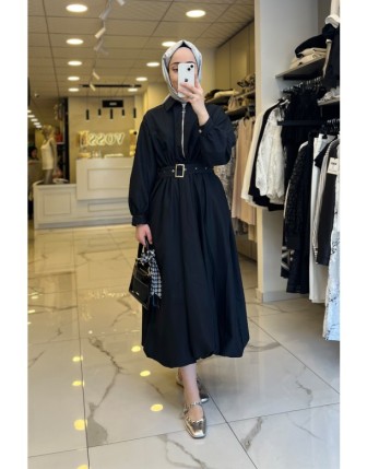 Vosse Siyah Beli Büzgülü Fermuar Detaylı Balon Elbise