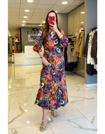 Hukka Desıgn Desenli Etek Ucu Fırfır Detyalı Elbise