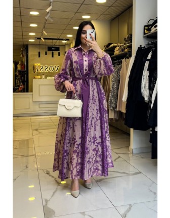 Serpil Mor Küpürlü Taş Detaylı İçi Astarlı Kuşaklı Elbise