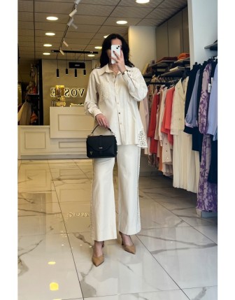 Sedna Bej Örgü Detaylı Keten Gömlek