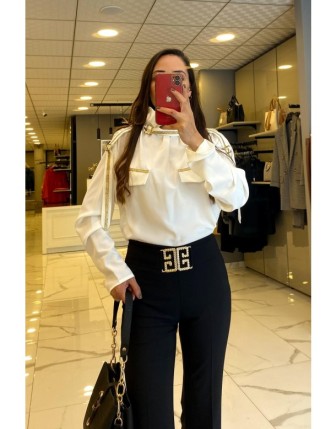 Miarte Ekru Gold Şerit Detaylı Cepli Bluz