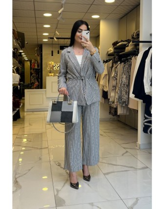 On Fashıon Lacivert Çizgili Beli Büzgülü Takım