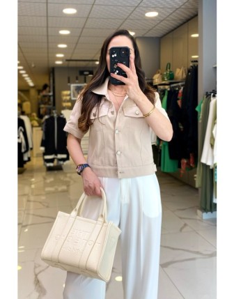 Ekol Kum Düğme Detaylı Cepli Kısa Kollu Kot Ceket