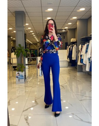 On Fashıon Saks Mavi Beli Lastikli İspanyol Paça Pantolon