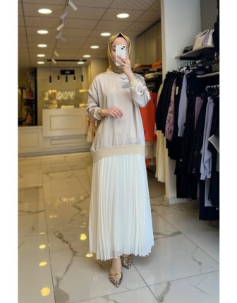 Tığ Triko Bej Çiçek Taş Baskılı Tunik