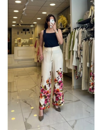 Sedna Bej Çiçek Desenli Lastikli Pantolon 