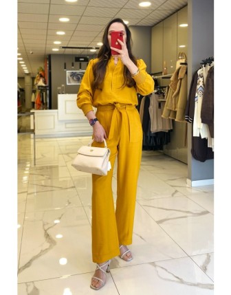 Hukka Desıgn Hardal Beli Lastikli Fermuarlı Kemer Detaylı Pantolon