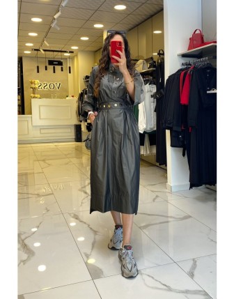 Mianotte Antrasit Rose Gold Aksesuar Detaylı Paraşüt Kumaş Elbise