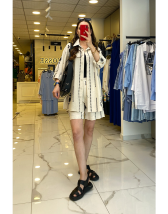 On Fashıon Bej Desenli kolu Katlamalı Şortlu Keten Takım