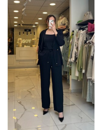 On Fashıon Siyah Jakarlı Beli Büzgülü Tek Düğmeli Takım