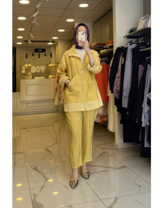 Tığ Triko Sarı Çizgili Poplin Takım