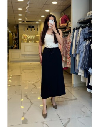 On Fashıon Siyah Beli Lastikli Midi Boy Etek