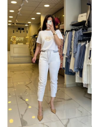 Mi Ekru Beli Lastikli Ribanalı Pantolon