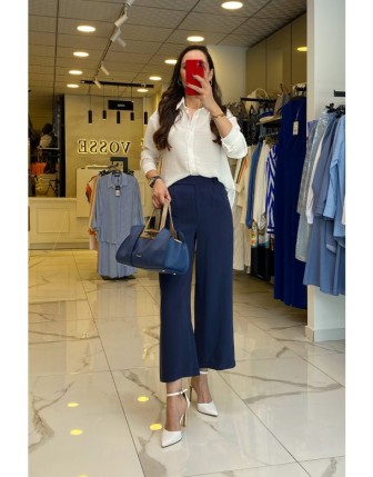 Ekol Lacivert Beli Lastikli Düğme Detaylı Düz Paça Bilek Boy Pantolon