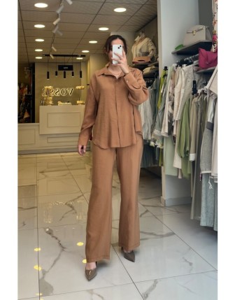 On Fashıon Kahverengi Gömlekli,Lastikli Takım 