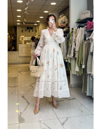 Serpil Ekru İç Astarlı elbise 