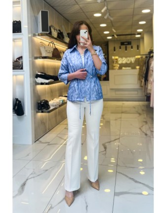 On Fashıon Mavi Desenli Beli Büzgülü Ceket