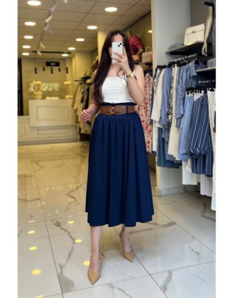 Ekol Lacivert Beli Lastikli Kemerli Midi Boy Etek