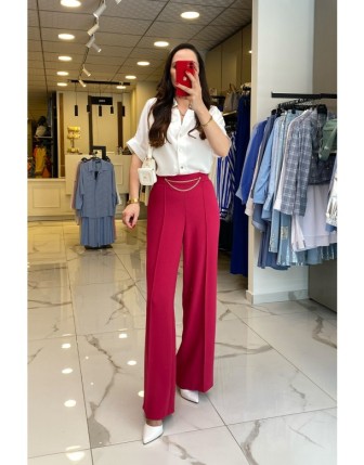 Mi Fuşya Zincir Detaylı Bol Paça Pantolon