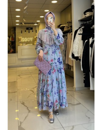 Yaqa Mor Çiçek Desenli Şifon Elbise