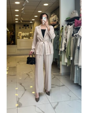 On Fashıon Kum Jakarlı Beli Büzgülü Tek Düğmeli Takım