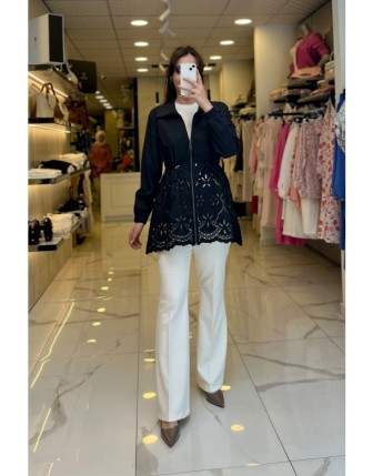 Vosse Siyah Küpür Detaylı Fermuarlı Paraşüt Ceket