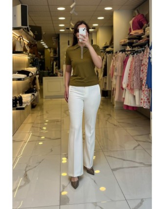 On Fashıon Yeşil Yakası Taşlı Fermuarlı Bluz